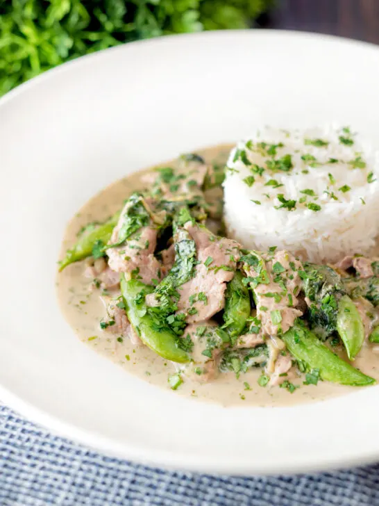 Thai green pork curry served with rice.