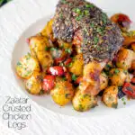 Baked zaatar chicken legs served with spicy Lebanese potatoes featuring a title overlay.