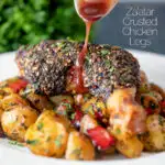 Pomegranate molasses being poured over zaatar crusted chicken legs featuring a title overlay.