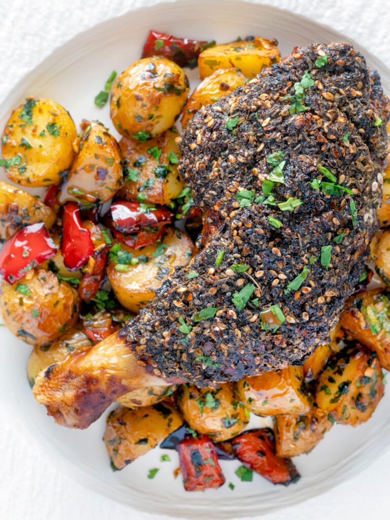 Zaatar Chicken Legs with Pomegranate Molasses Krumpli