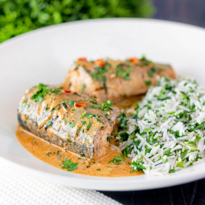 Thai choo chee curry made with on the bone mackerel served with coriander rice.