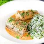Thai mackerel choo chee curry served with coriander rice.