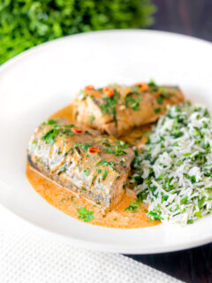 Thai mackerel choo chee curry served with coriander rice.