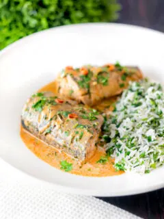 Thai mackerel choo chee curry served with coriander rice.