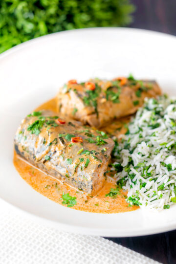 Thai mackerel choo chee curry served with coriander rice.