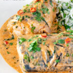 Close up Thai mackerel choo chee curry served with coriander rice featuring a title overlay.
