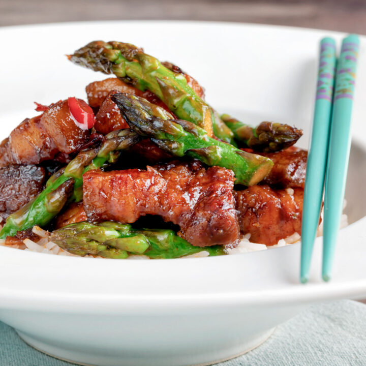 Twice cooked Korean pork belly with a gochujang glaze and asparagus.