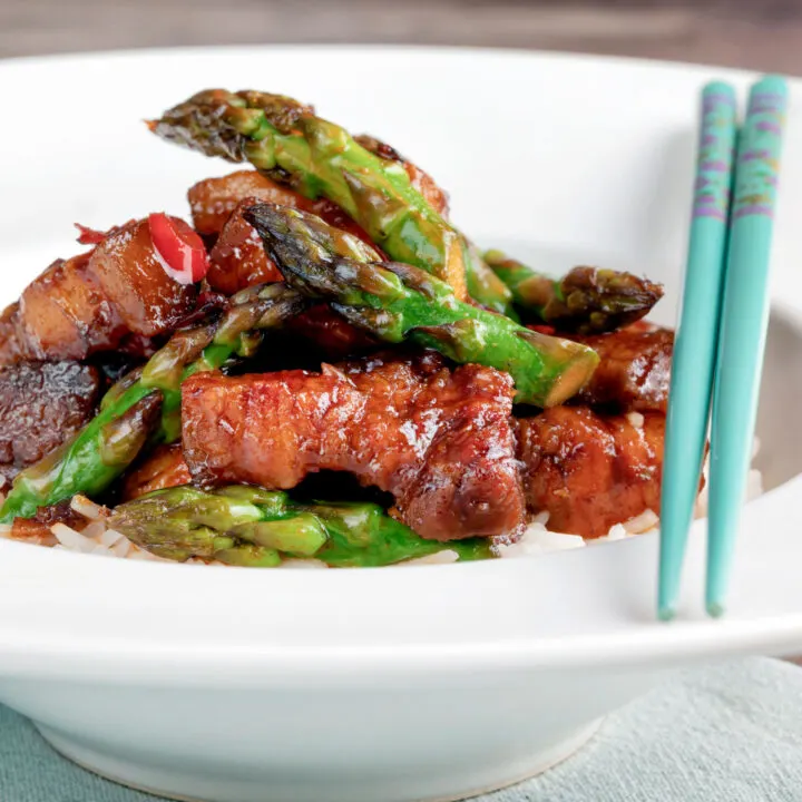 Twice cooked Korean pork belly with a gochujang glaze and asparagus.