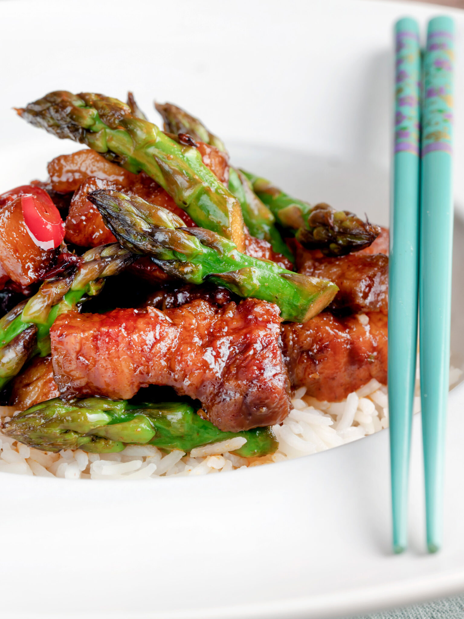 Korean Pork Belly with Gochujang Glaze and Asparagus Krumpli
