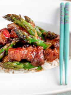 Korean pork belly with a gochujang glaze and asparagus.