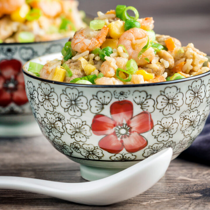 Chinese takeaway style house special fried rice with pork, chicken and prawns.