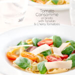 Tomato consomme or brodo with tortellini and cherry tomatoes featuring a title overlay.