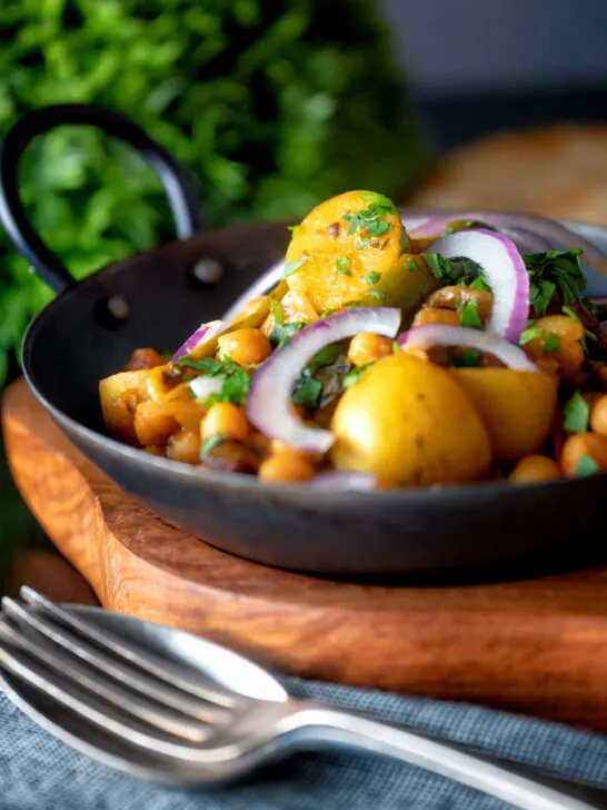 Chana aloo, a chickpea and potato curry with Indian influences.