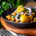 Chana aloo, a chickpea and potato curry with Indian influences featuring a title overlay.