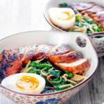 Hoisin chicken breast ramen with Swiss chard and a soft boiled egg.