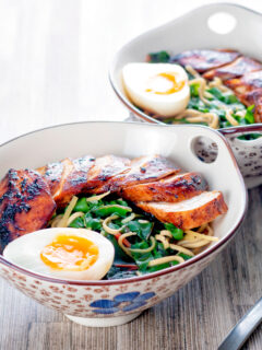 Hoisin chicken breast ramen with Swiss chard and a soft boiled egg.