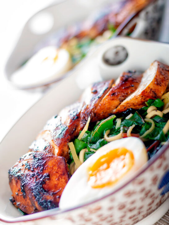 Dutch angle hoisin chicken breast ramen with Swiss chard and a soft boiled egg.