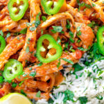 Close up overhead Mexican shredded chicken stew served with coriander rice.
