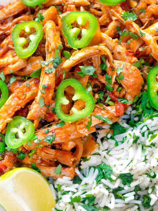Close up overhead Mexican shredded chicken stew served with coriander rice.