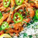 Close up overhead Mexican shredded chicken stew served with coriander rice featuring a title overlay.
