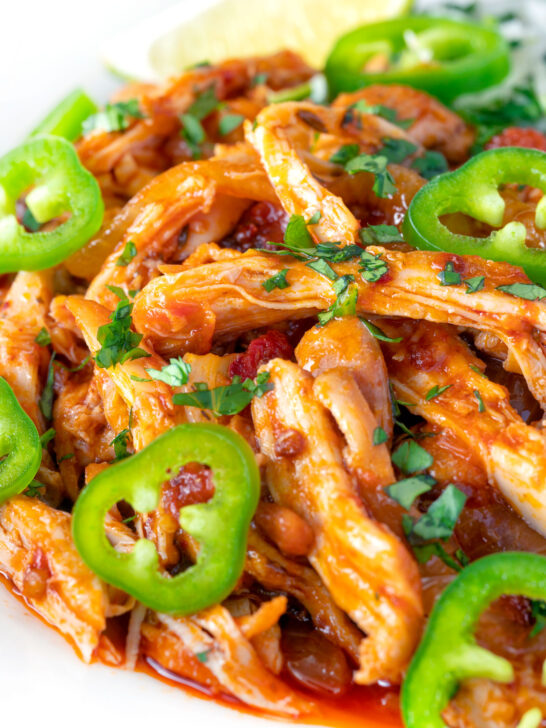 Close up Mexican shredded chicken stew served jalapenos.