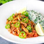 Mexican shredded chicken stew served with coriander rice and jalapenos.