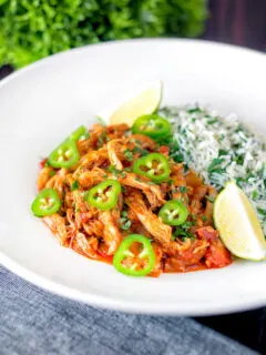 Mexican shredded chicken stew served with coriander rice and jalapenos.