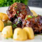 Rabo de toro or Spanish oxtail served with Parmentier potatoes featuring a title overlay.