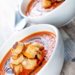 Roasted tomato soup with garlic croutons and balsamic reduction.