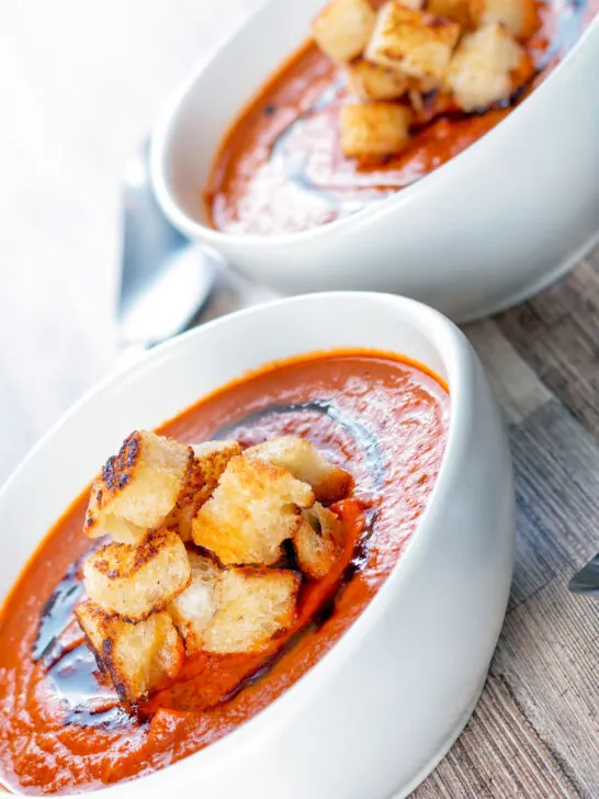 Roasted tomato soup with garlic croutons and balsamic reduction.