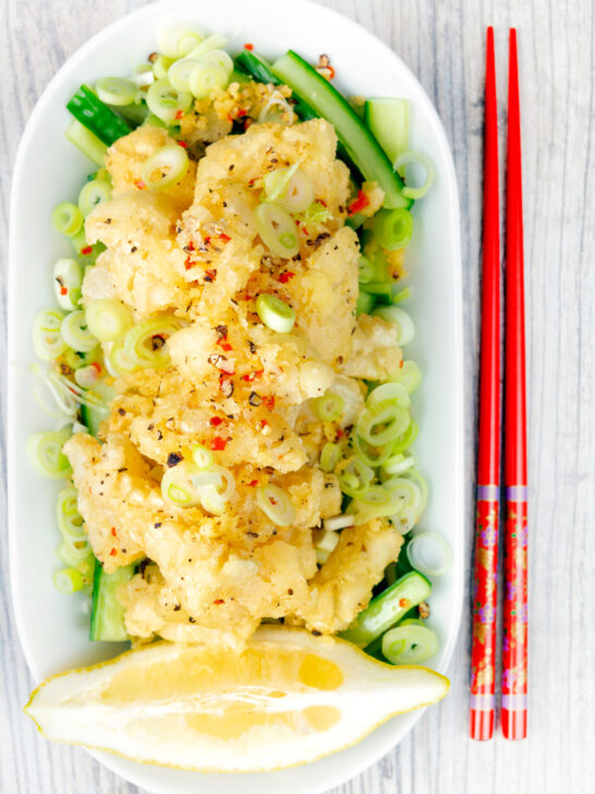 Overhead crispy fried salt and pepper squid.