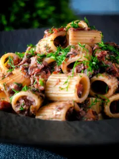 Canned sardine pasta Bolognese with rigatoni and fresh dill.