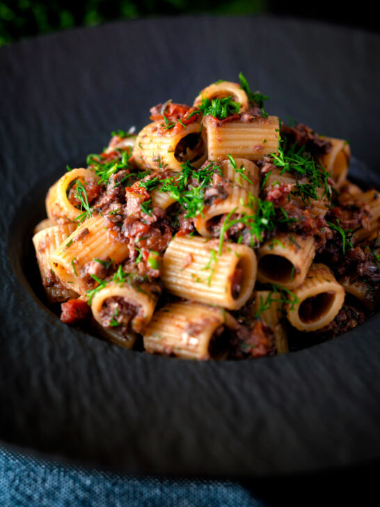 Tinned sardine pasta Bolognese with rigatoni and fresh dill.