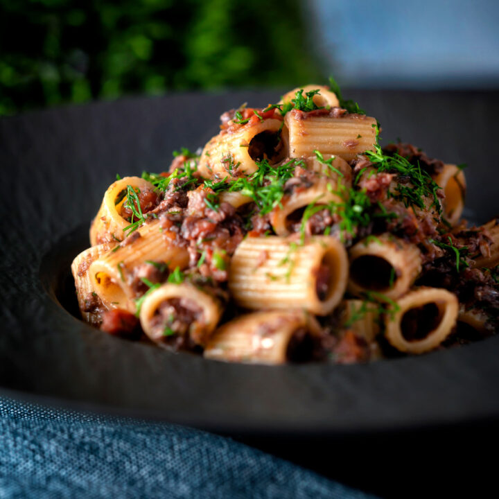 Canned sardine pasta Bolognese with mezzi rigatoni and fresh dill.