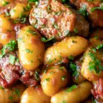 Close up sausage gnocchi in a tomato sauce with fresh parsley featuring a title overlay.