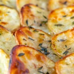 Close up crispy potato topping of a classic British hotpot.