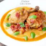 Lighter slow cooker chicken cacciatore served with cheesy polenta featuring a title overlay.