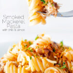 Spicy smoked mackerel pasta with chilli, lemon and golden breadcrumbs on a fork featuring a title overlay.