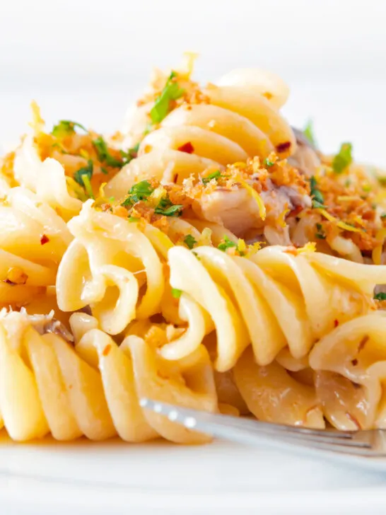 Smoked mackerel pasta with fusilli, chilli, lemon and golden breadcrumbs.