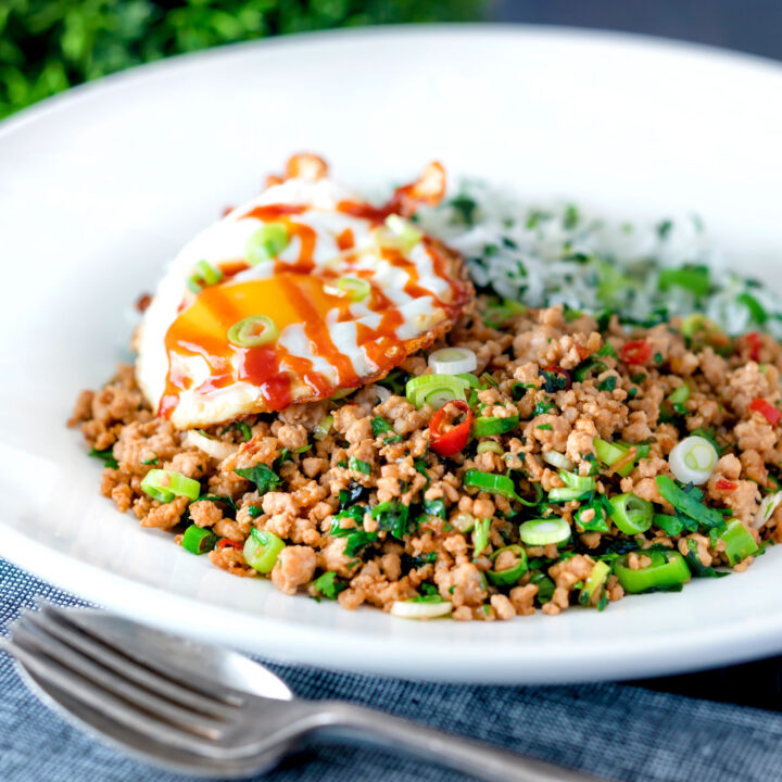 Thai minced pork or pad kra pao with coriander rice and a sriracha fried egg.