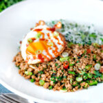 Thai minced pork with coriander rice and a fried egg.