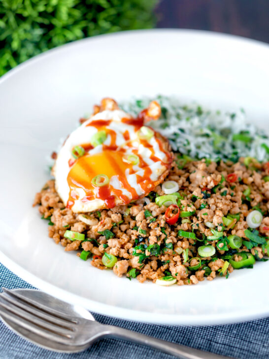 Thai minced pork with coriander rice and a fried egg.