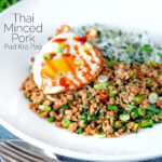 Thai minced pork with coriander rice and a fried egg featuring a title overlay.