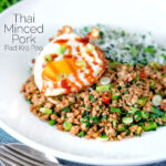 Thai minced pork with coriander rice and a fried egg featuring a title overlay.