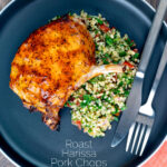 Overhead rose harissa glazed roasted pork chops with bulgur wheat salad featuring a title overlay.