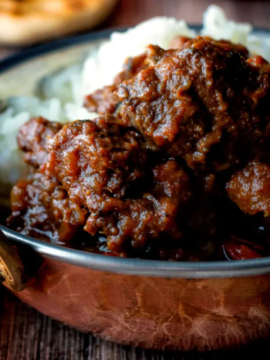 Close-up Indian-inspired beef vindaloo curry.