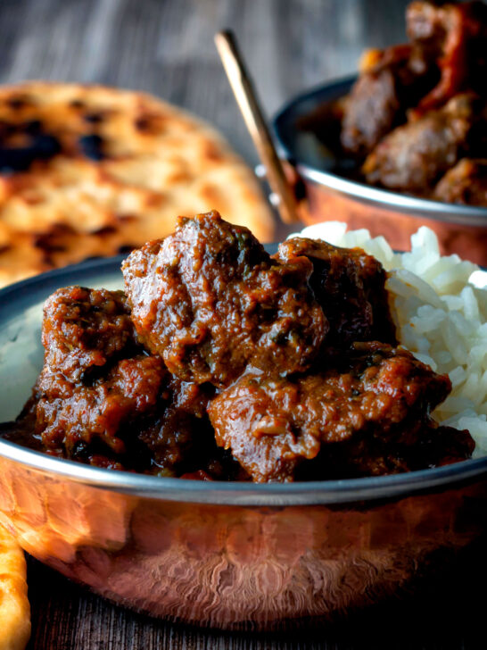 Indian-inspired beef vindaloo curry with rice.