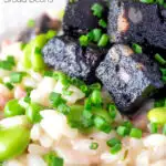 Close up black pudding risotto with bacon, broad beans and garden peas featuring a title overlay.