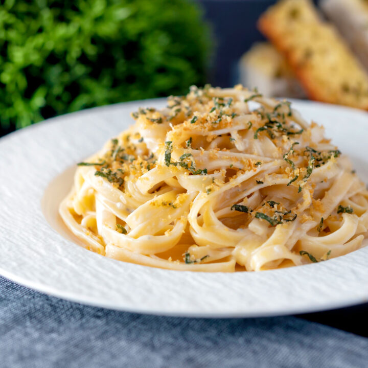 Creamy blue cheese pasta with stilton topped with a golden garlic and sage crumb.