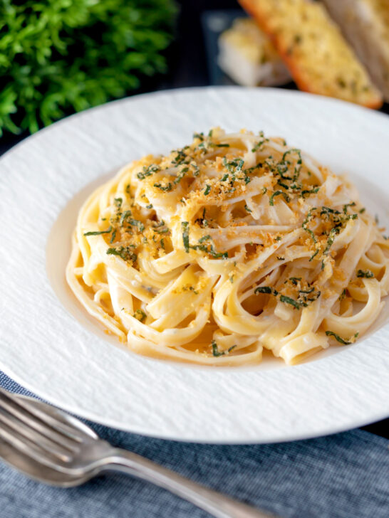 Blue cheese pasta with fettuccini a crispy golden sage crumb.